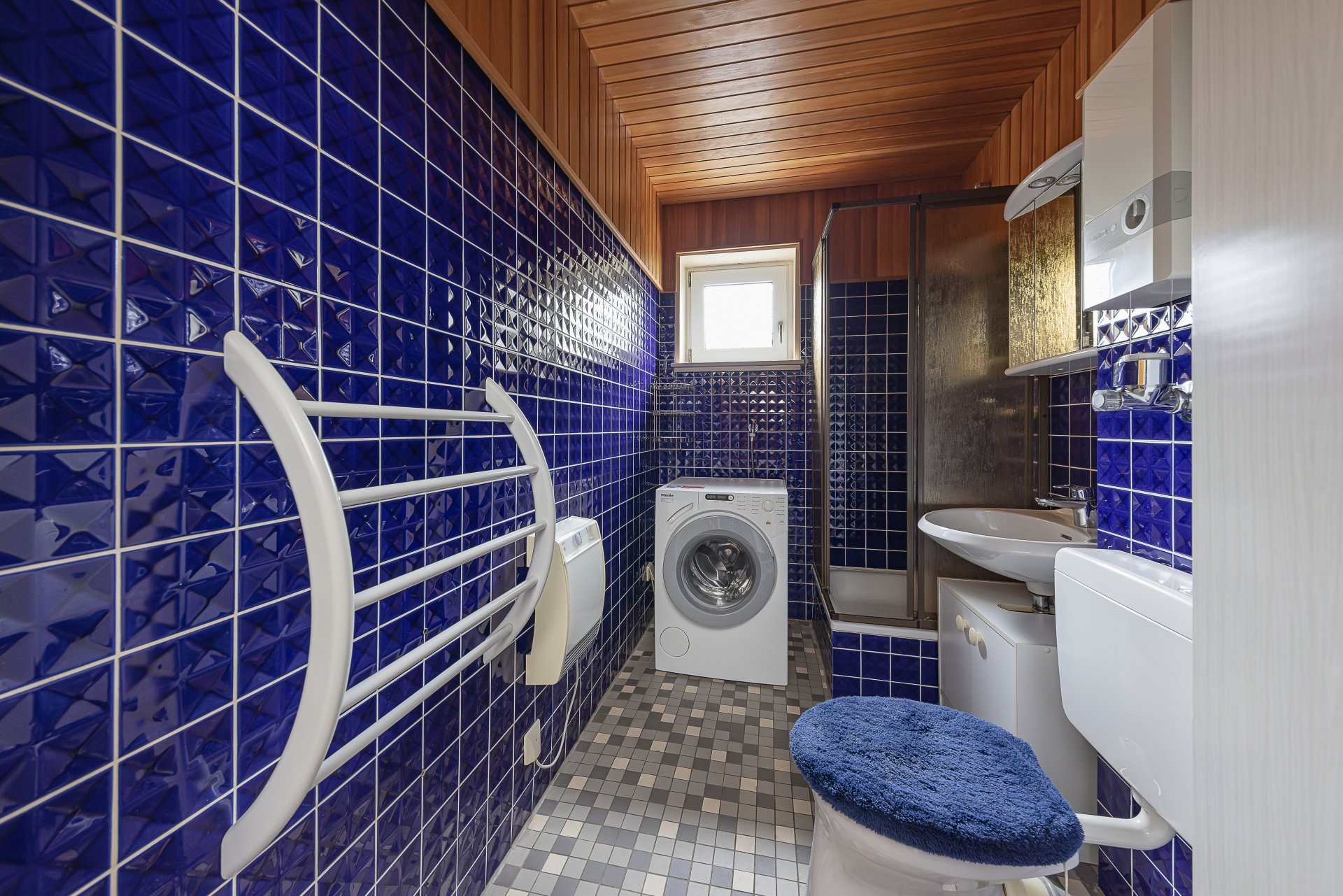 Badezimmer mit Dusche und Waschmaschienenanschluss
